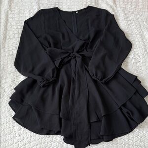 Black Long Sleeve Dress with Bow Front